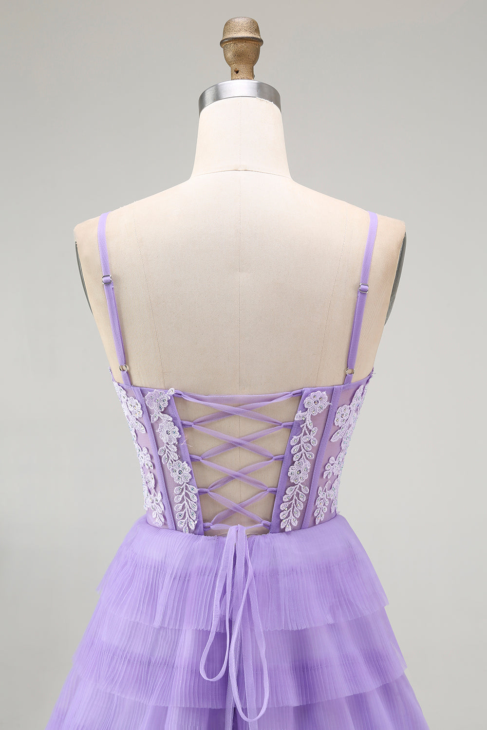 Lila A Linie Gestuftes Perlenbesetztes Korsett Langes Ballkleid mit Schlitz
