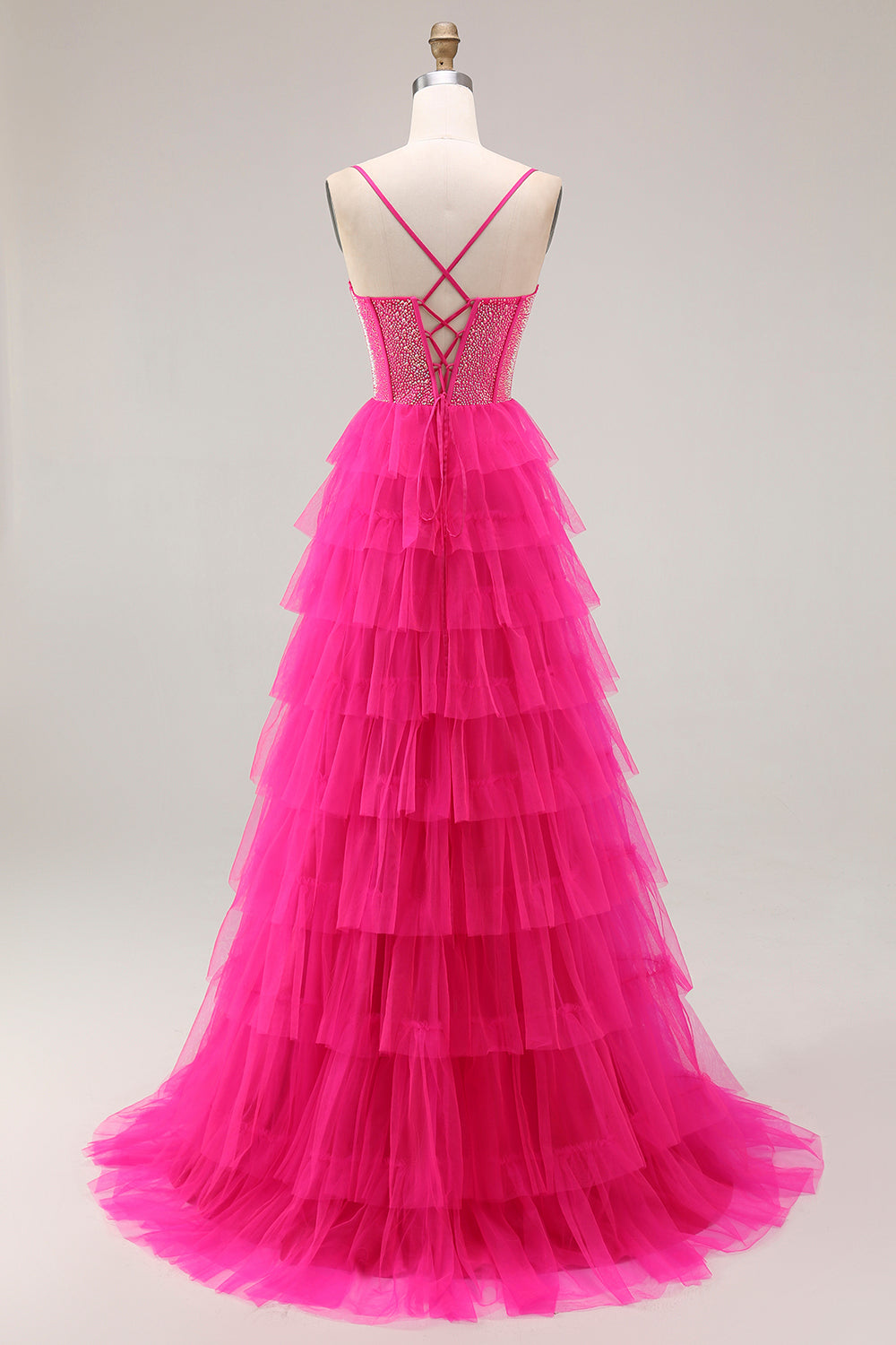 Fuchsia Korsett A-Linie Spaghettiträger Perlenbesetztes Gestuftes Ballkleid mit Schlitz