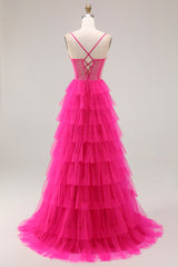 Fuchsia Korsett A-Linie Spaghettiträger Perlenbesetztes Gestuftes Ballkleid mit Schlitz
