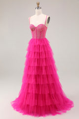 Fuchsia Korsett A-Linie Spaghettiträger Perlenbesetztes Gestuftes Ballkleid mit Schlitz
