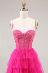 Fuchsia Korsett A-Linie Spaghettiträger Perlenbesetztes Gestuftes Ballkleid mit Schlitz