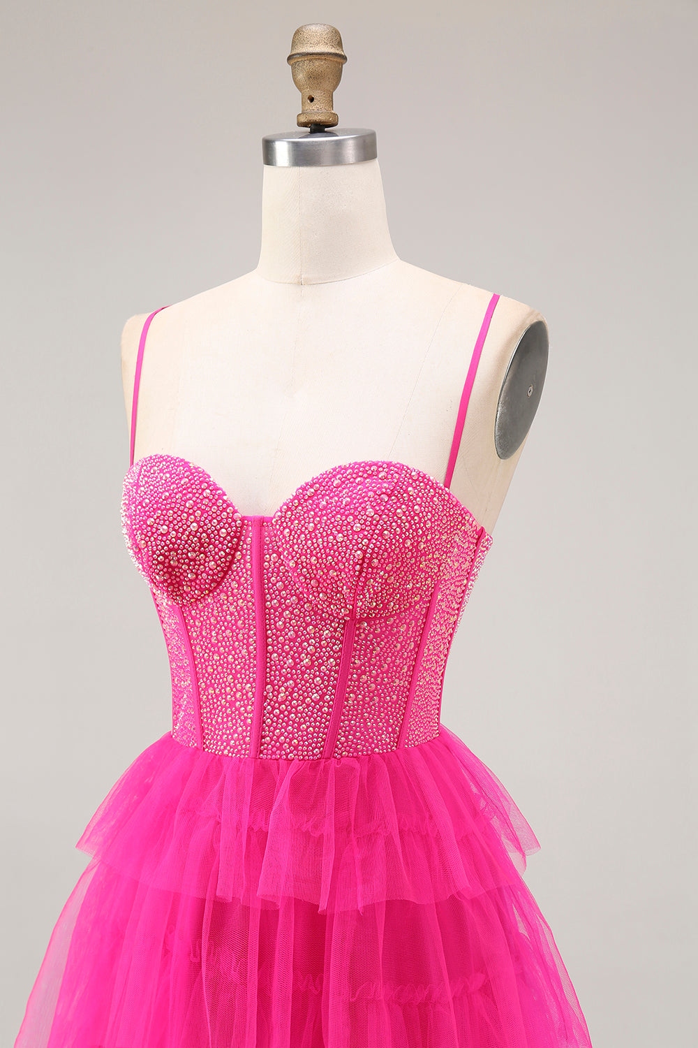 Fuchsia Korsett A-Linie Spaghettiträger Perlenbesetztes Gestuftes Ballkleid mit Schlitz