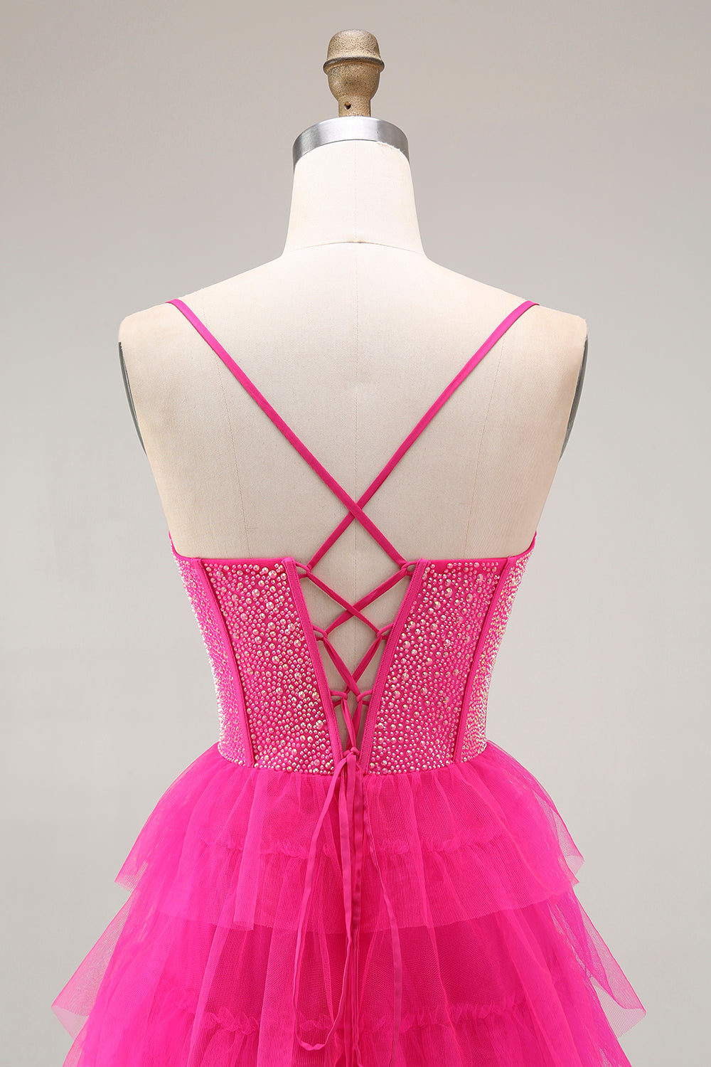 Fuchsia Korsett A-Linie Spaghettiträger Perlenbesetztes Gestuftes Ballkleid mit Schlitz