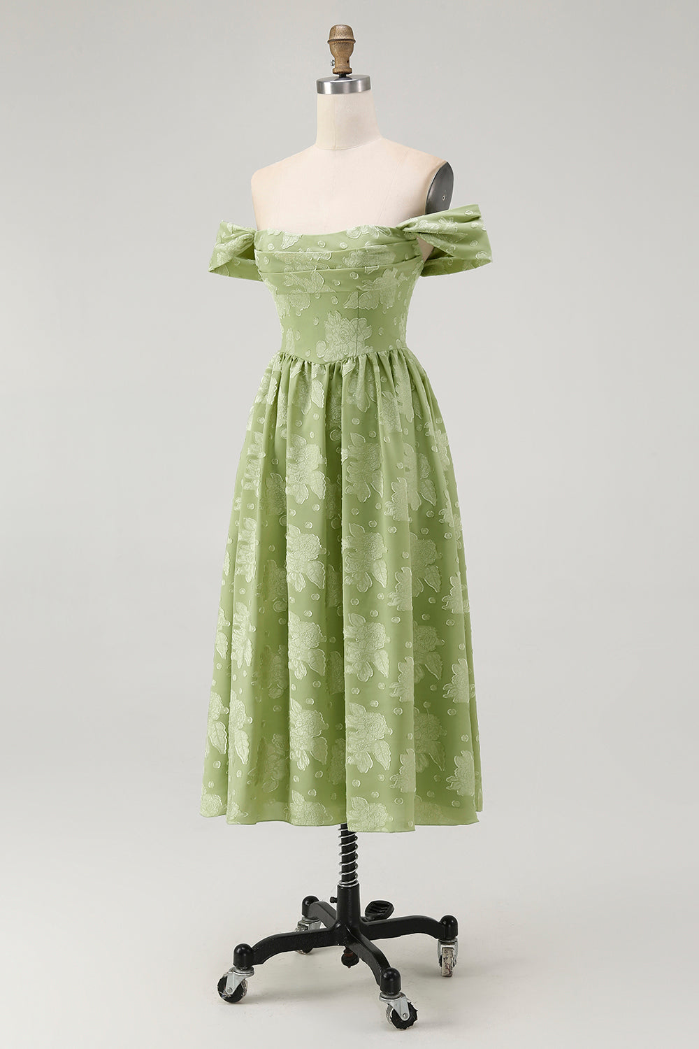 Salbeigrün A-Linie Schulterfreies Geblümtes Midi Brautjungfernkleid