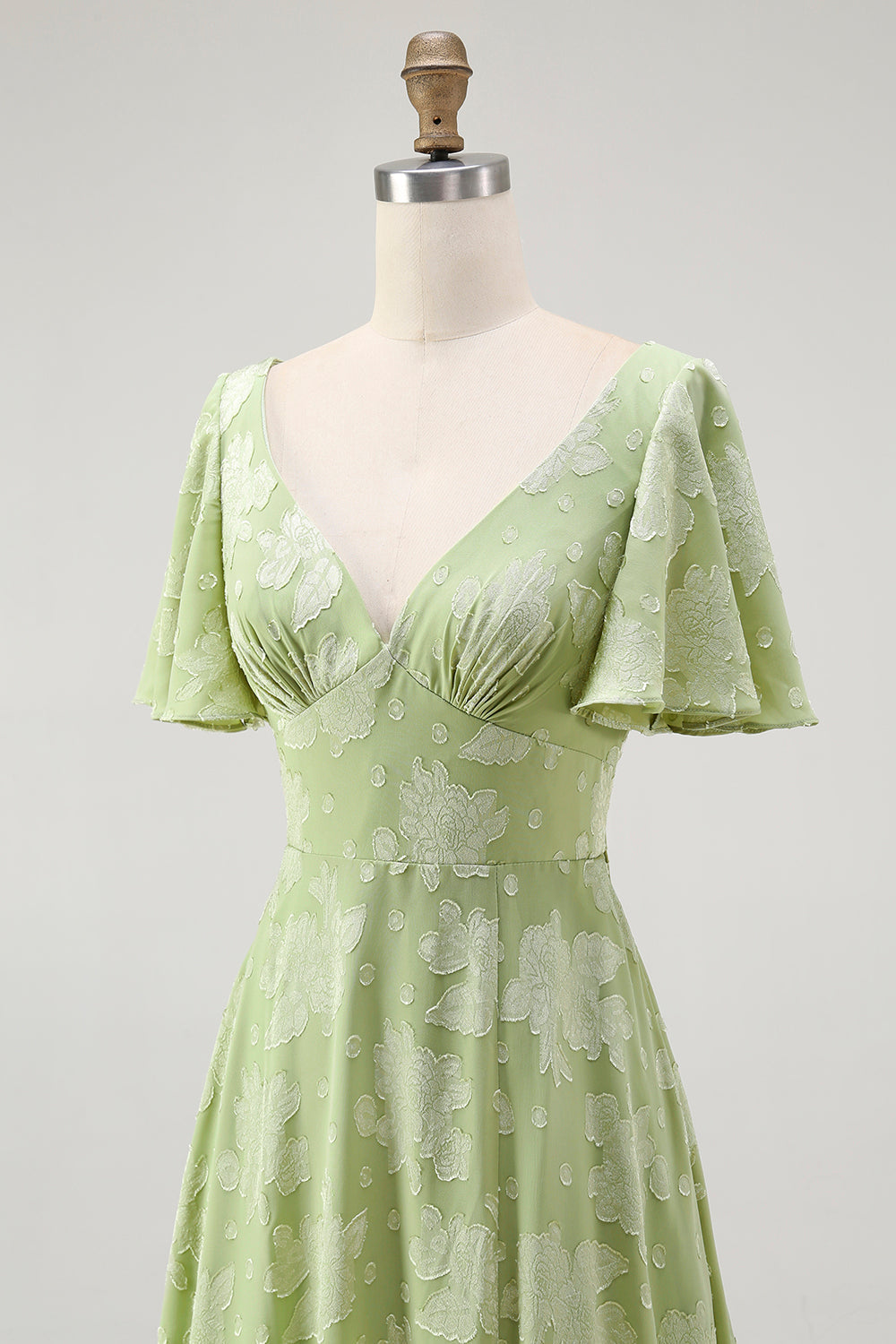 Grünes Geblümtes A-Linie Brautjungfernkleid mit kurzen Ärmeln