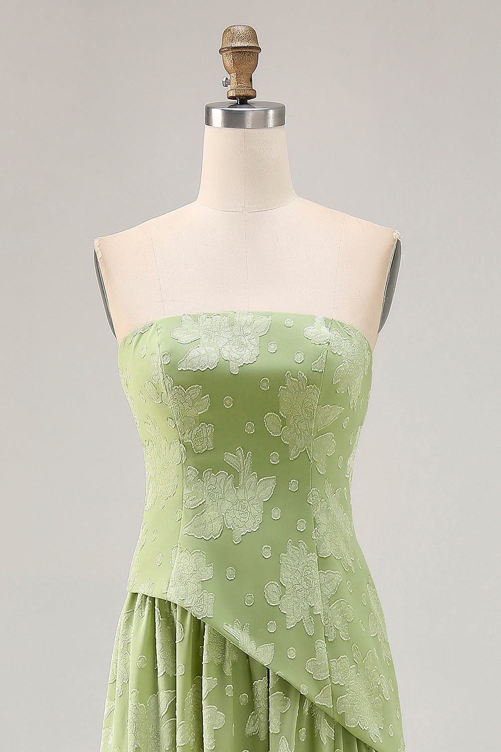 Blumen Trägerloses Bedrucktes Salbeigrünes Brautjungfernkleid mit Schlitz