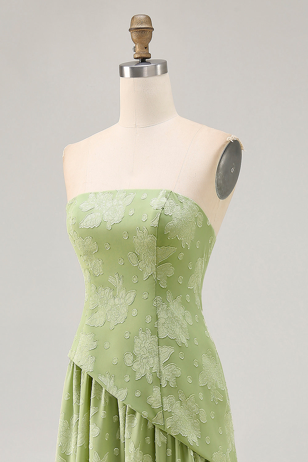 Blumen Trägerloses Bedrucktes Salbeigrünes Brautjungfernkleid mit Schlitz