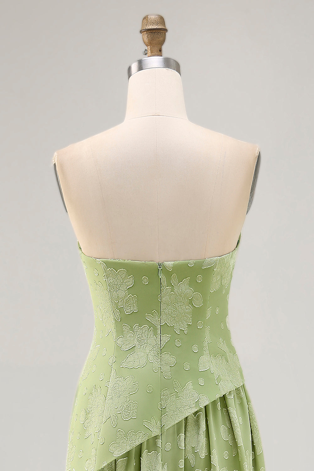 Blumen Trägerloses Bedrucktes Salbeigrünes Brautjungfernkleid mit Schlitz