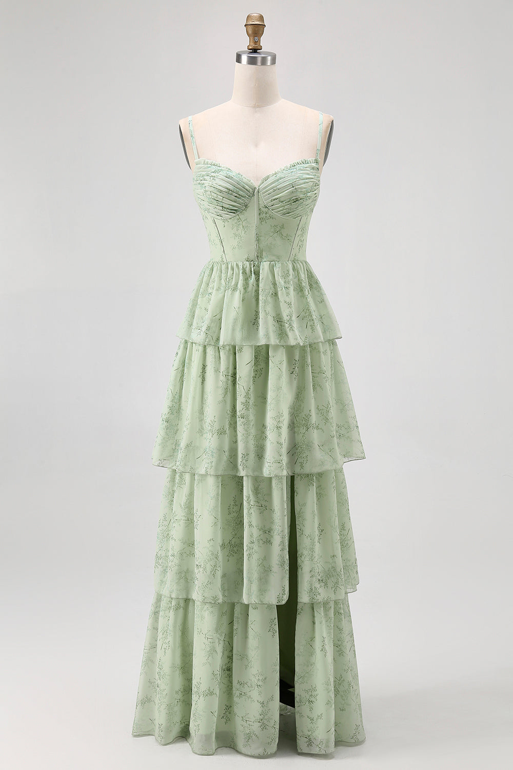 Dusty Sage A Linie Korsett Gestuftes Chiffon Langes Brautjungfernkleid mit Schlitz