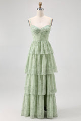 Dusty Sage A Linie Korsett Gestuftes Chiffon Langes Brautjungfernkleid mit Schlitz