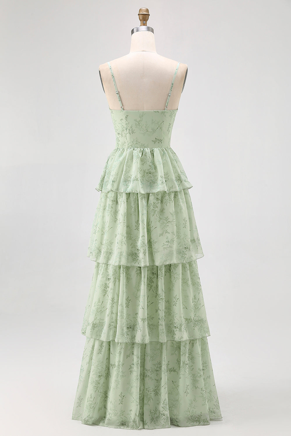 Dusty Sage A Linie Korsett Gestuftes Chiffon Langes Brautjungfernkleid mit Schlitz