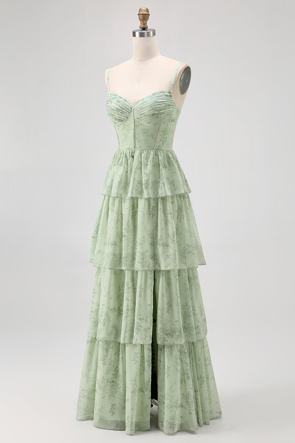 Dusty Sage A Linie Korsett Gestuftes Chiffon Langes Brautjungfernkleid mit Schlitz