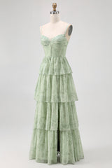 Dusty Sage A Linie Korsett Gestuftes Chiffon Langes Brautjungfernkleid mit Schlitz