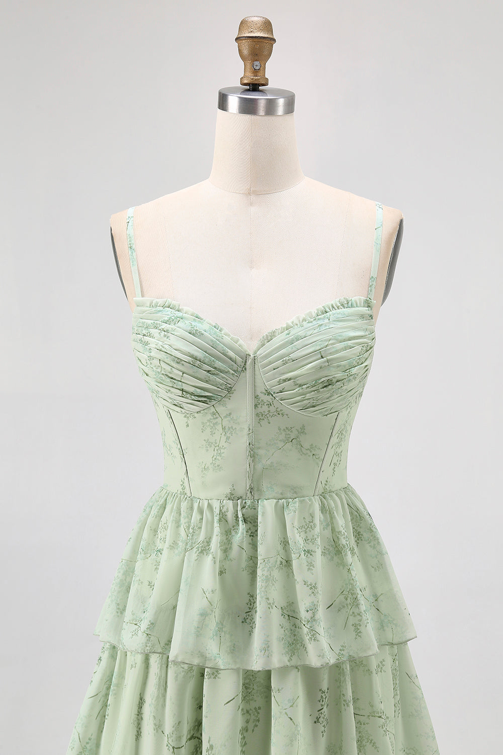Dusty Sage A Linie Korsett Gestuftes Chiffon Langes Brautjungfernkleid mit Schlitz