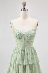Dusty Sage A Linie Korsett Gestuftes Chiffon Langes Brautjungfernkleid mit Schlitz