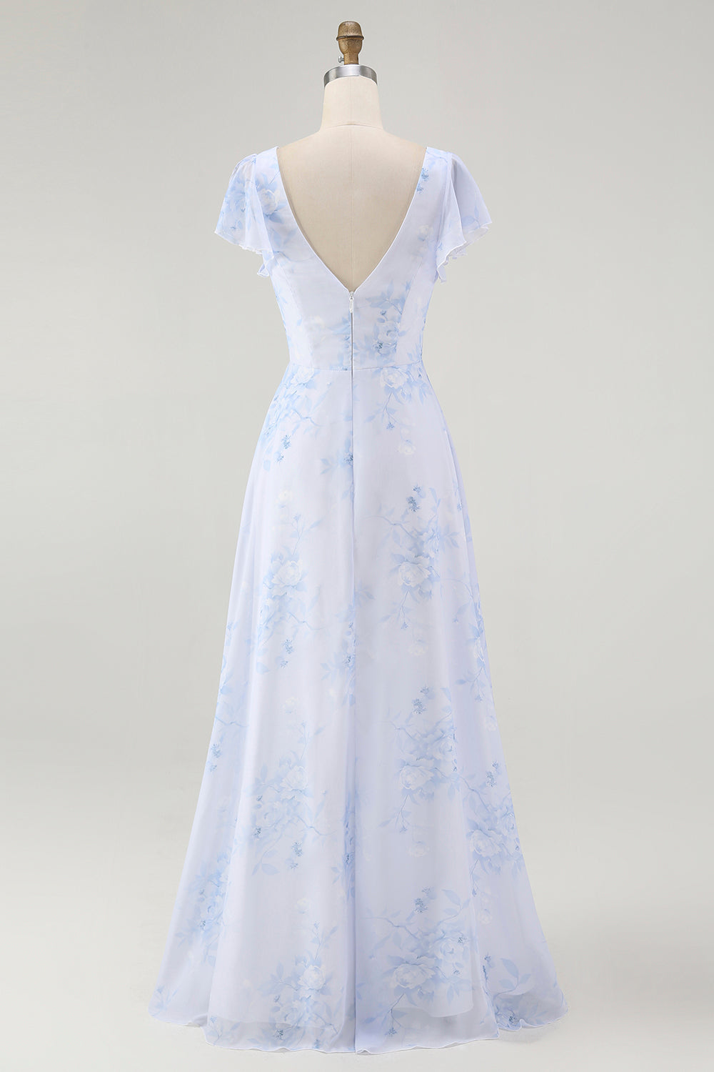 Blaues Blumen-A-Linie Chiffon Langes Brautjungfernkleid mit V-Ausschnitt und Schlitz