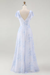 Blaues Blumen-A-Linie Chiffon Langes Brautjungfernkleid mit V-Ausschnitt und Schlitz