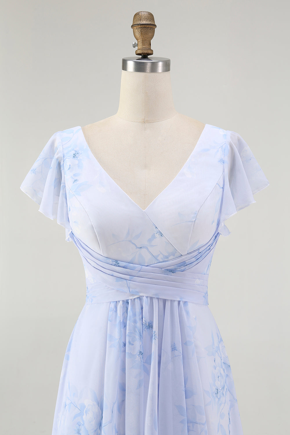 Blaues Blumen-A-Linie Chiffon Langes Brautjungfernkleid mit V-Ausschnitt und Schlitz