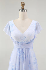 Blaues Blumen-A-Linie Chiffon Langes Brautjungfernkleid mit V-Ausschnitt und Schlitz