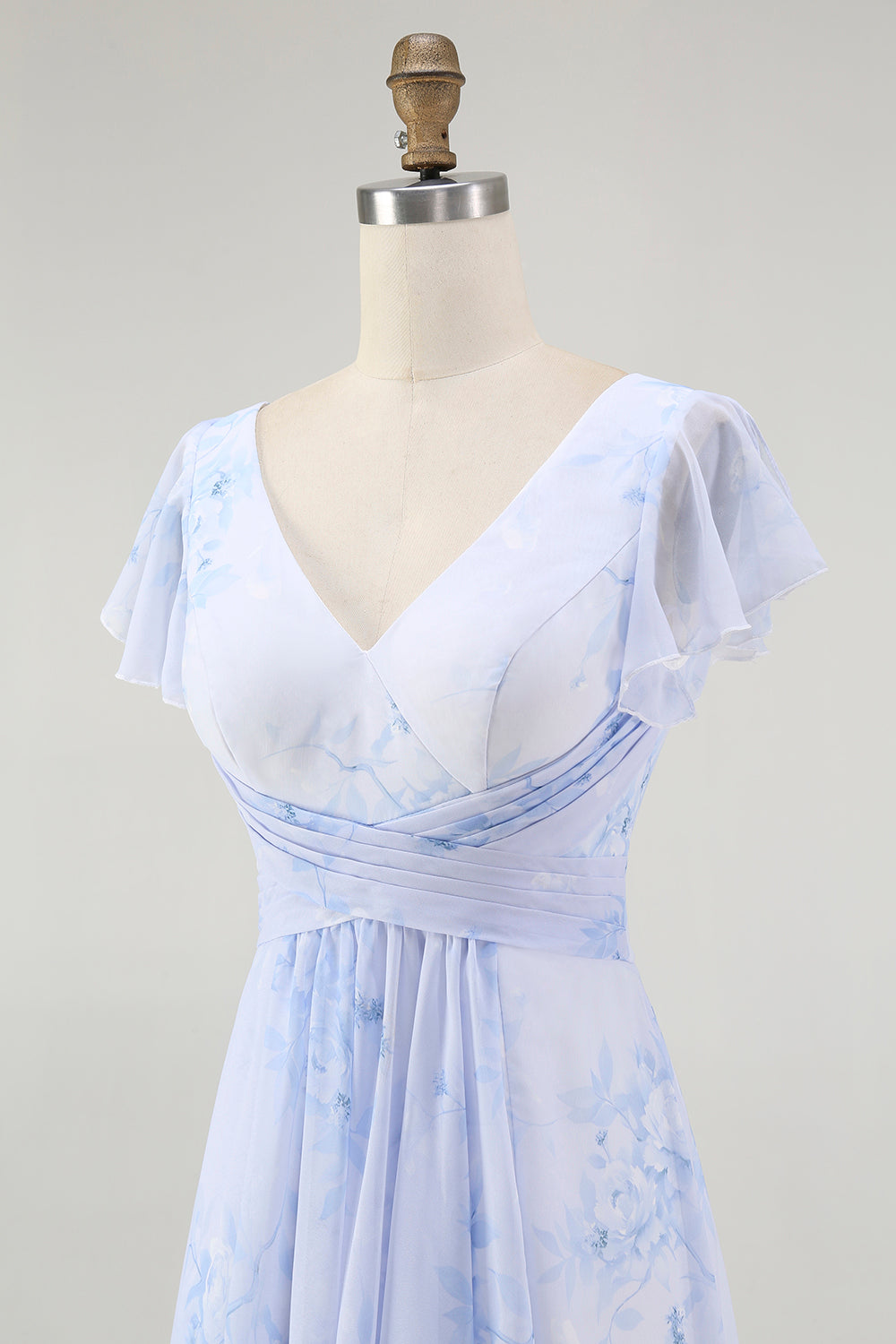 Blaues Blumen-A-Linie Chiffon Langes Brautjungfernkleid mit V-Ausschnitt und Schlitz