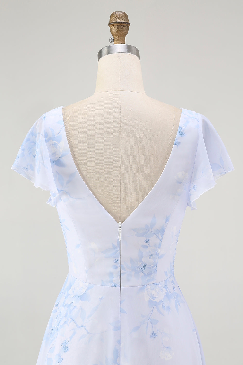 Blaues Blumen-A-Linie Chiffon Langes Brautjungfernkleid mit V-Ausschnitt und Schlitz
