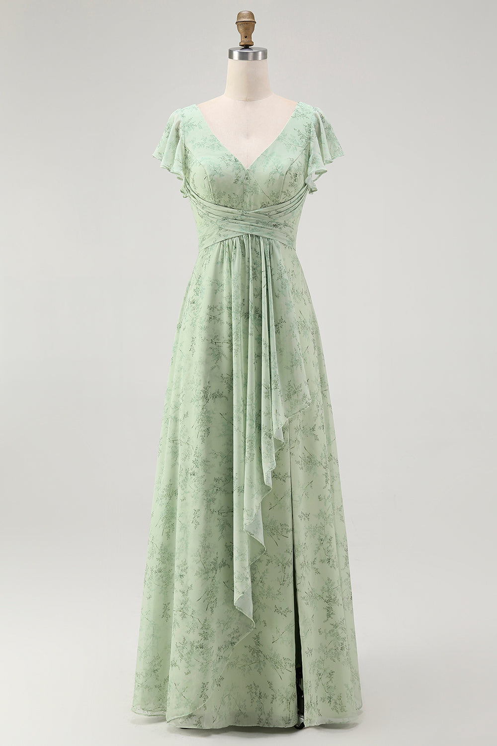 Blaues Blumen-A-Linie Chiffon Langes Brautjungfernkleid mit V-Ausschnitt und Schlitz