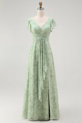 Dusty Sage A Linie Kurzärmeliges Brautjungfernkleid mit Schlitz