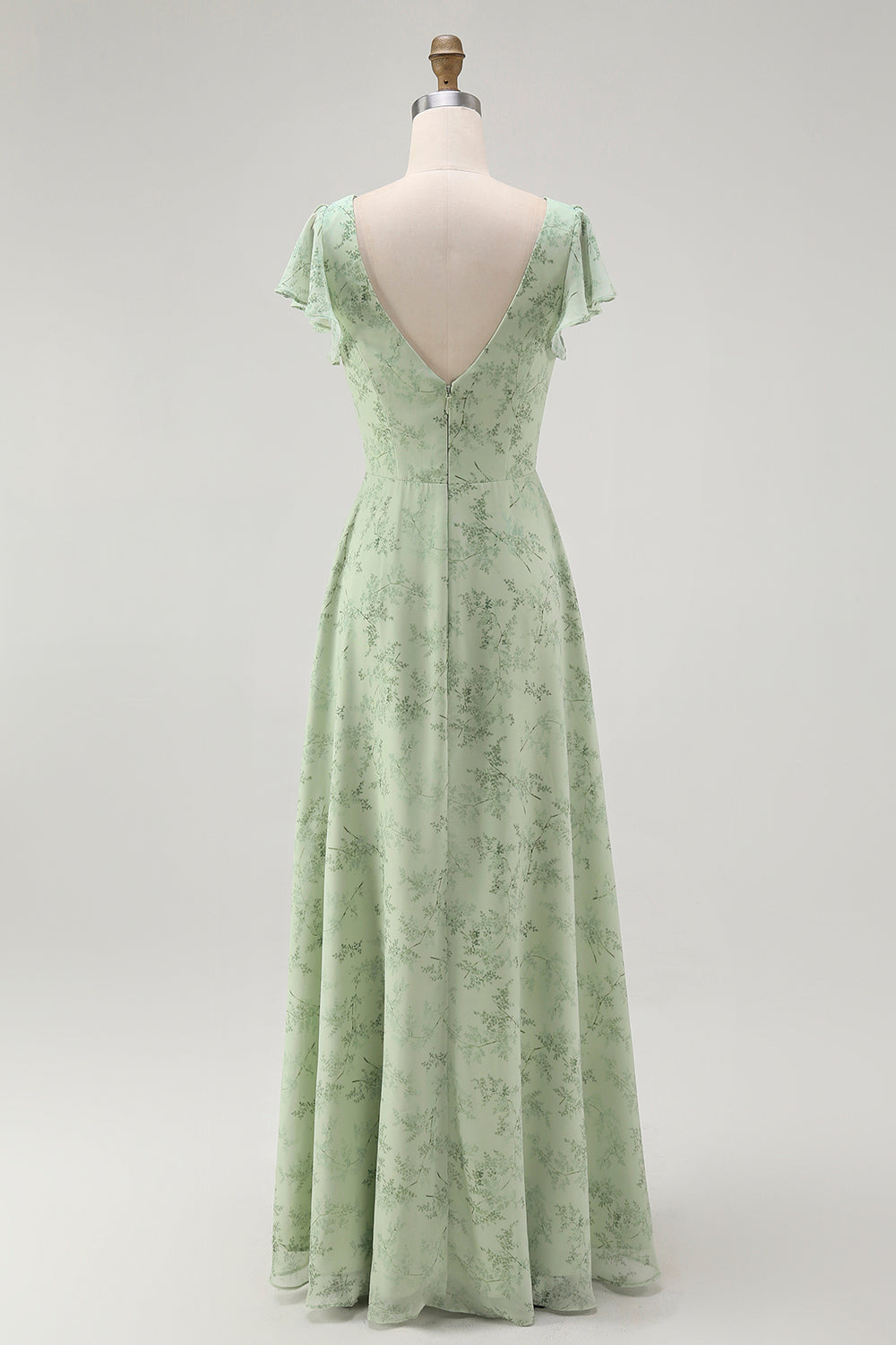 Blaues Blumen-A-Linie Chiffon Langes Brautjungfernkleid mit V-Ausschnitt und Schlitz
