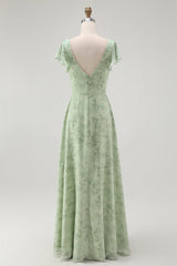 Dusty Sage A Linie Kurzärmeliges Brautjungfernkleid mit Schlitz