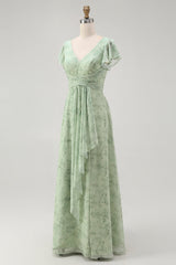 Dusty Sage A Linie Kurzärmeliges Brautjungfernkleid mit Schlitz
