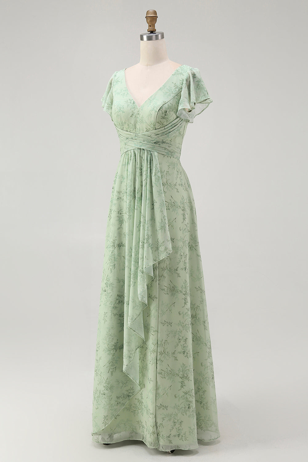 Blaues Blumen-A-Linie Chiffon Langes Brautjungfernkleid mit V-Ausschnitt und Schlitz