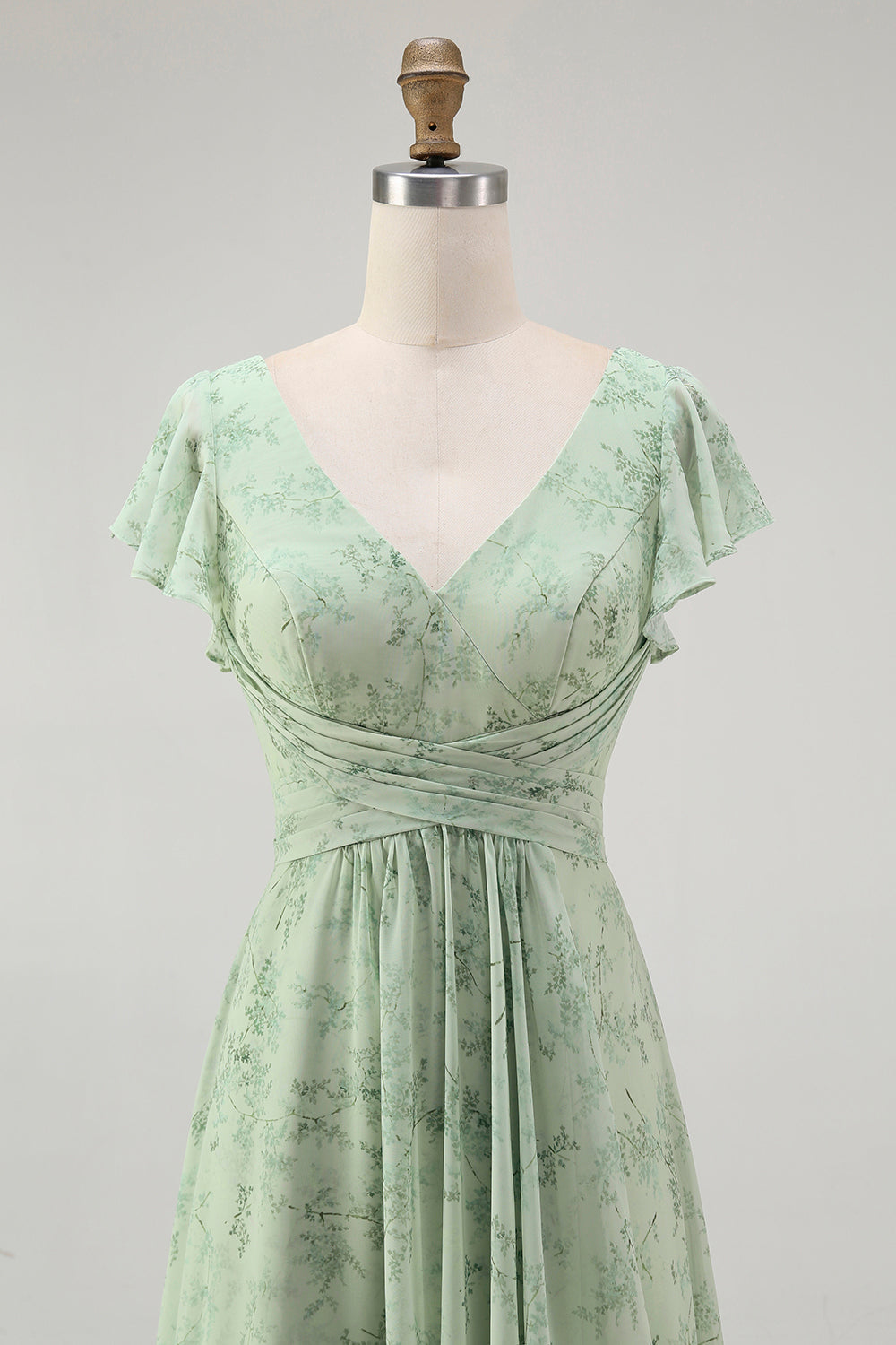 Dusty Sage A Linie Kurzärmeliges Brautjungfernkleid mit Schlitz