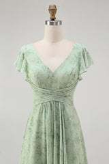 Dusty Sage A Linie Kurzärmeliges Brautjungfernkleid mit Schlitz