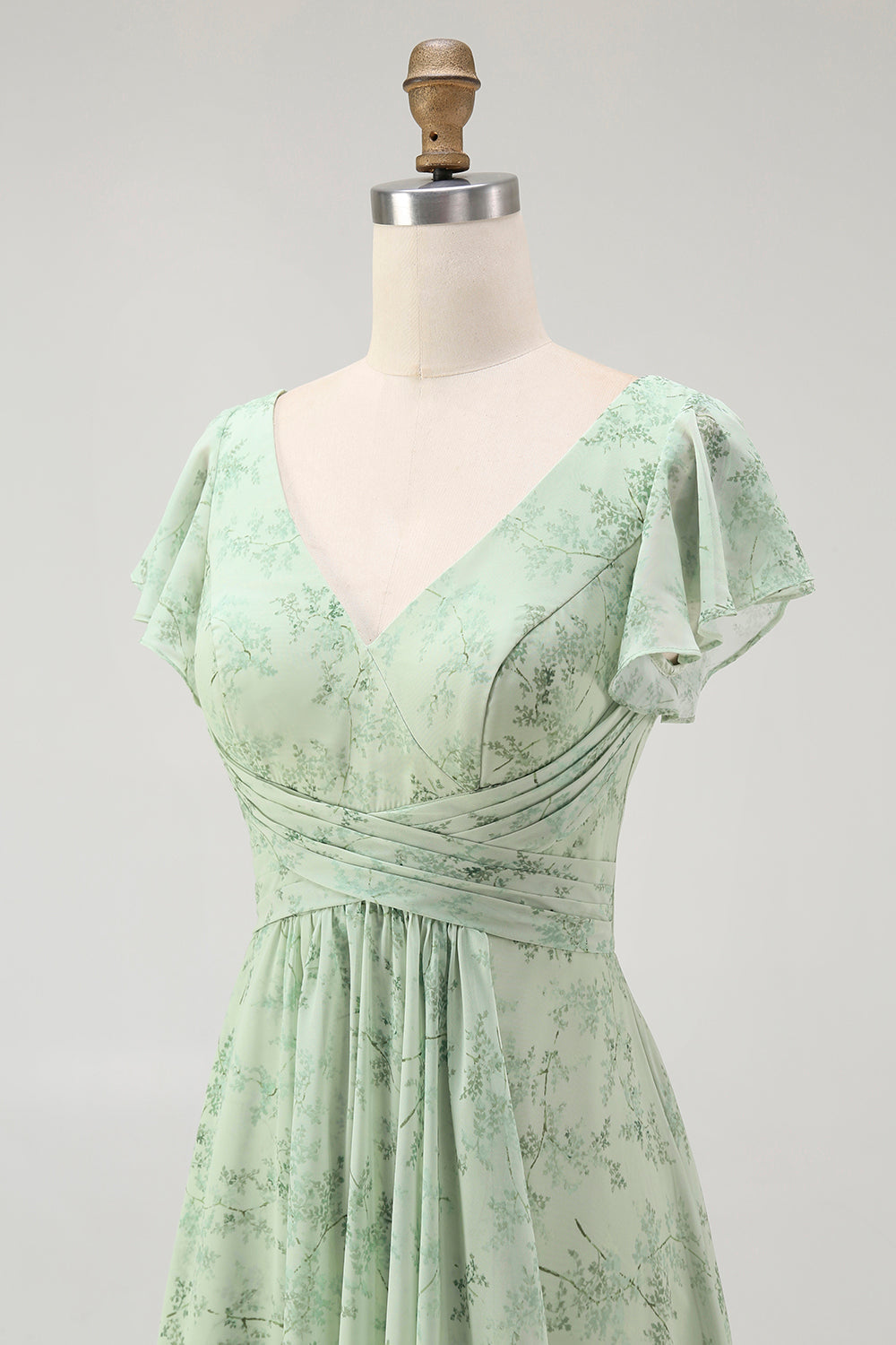 Blaues Blumen-A-Linie Chiffon Langes Brautjungfernkleid mit V-Ausschnitt und Schlitz
