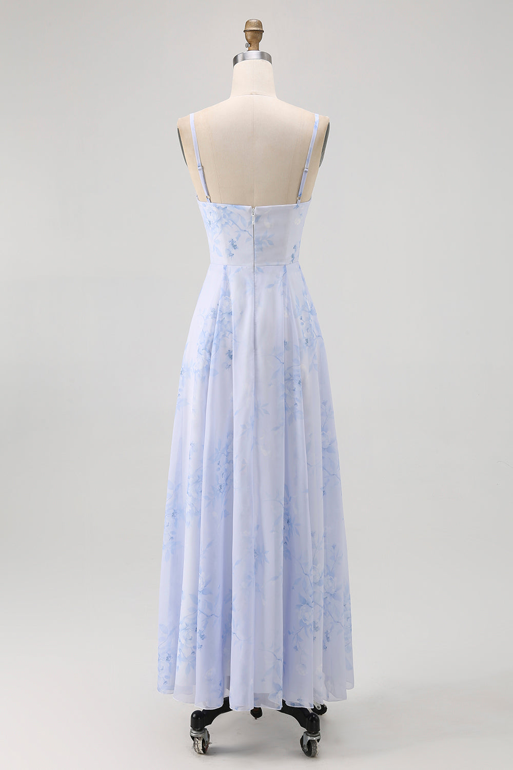 Blaues Geblümtes Spaghettiträger Chiffon A-Linie Brautjungfernkleid