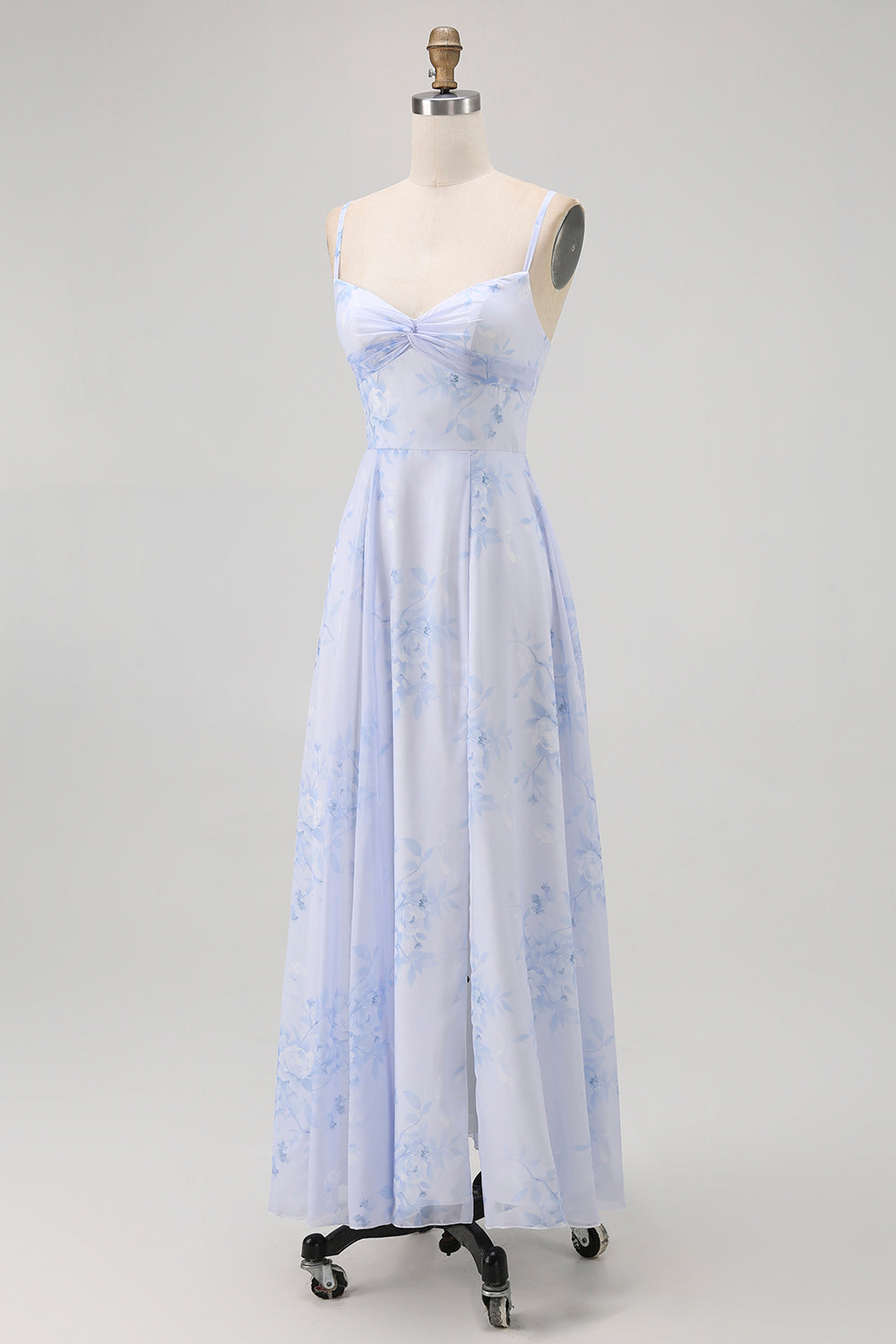 Blaues Geblümtes Spaghettiträger Chiffon A-Linie Brautjungfernkleid
