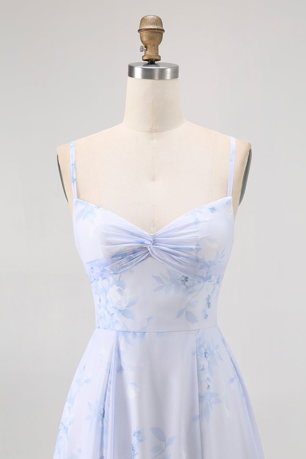 Blaues Geblümtes Spaghettiträger Chiffon A-Linie Brautjungfernkleid