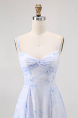 Blaues Geblümtes Spaghettiträger Chiffon A-Linie Brautjungfernkleid