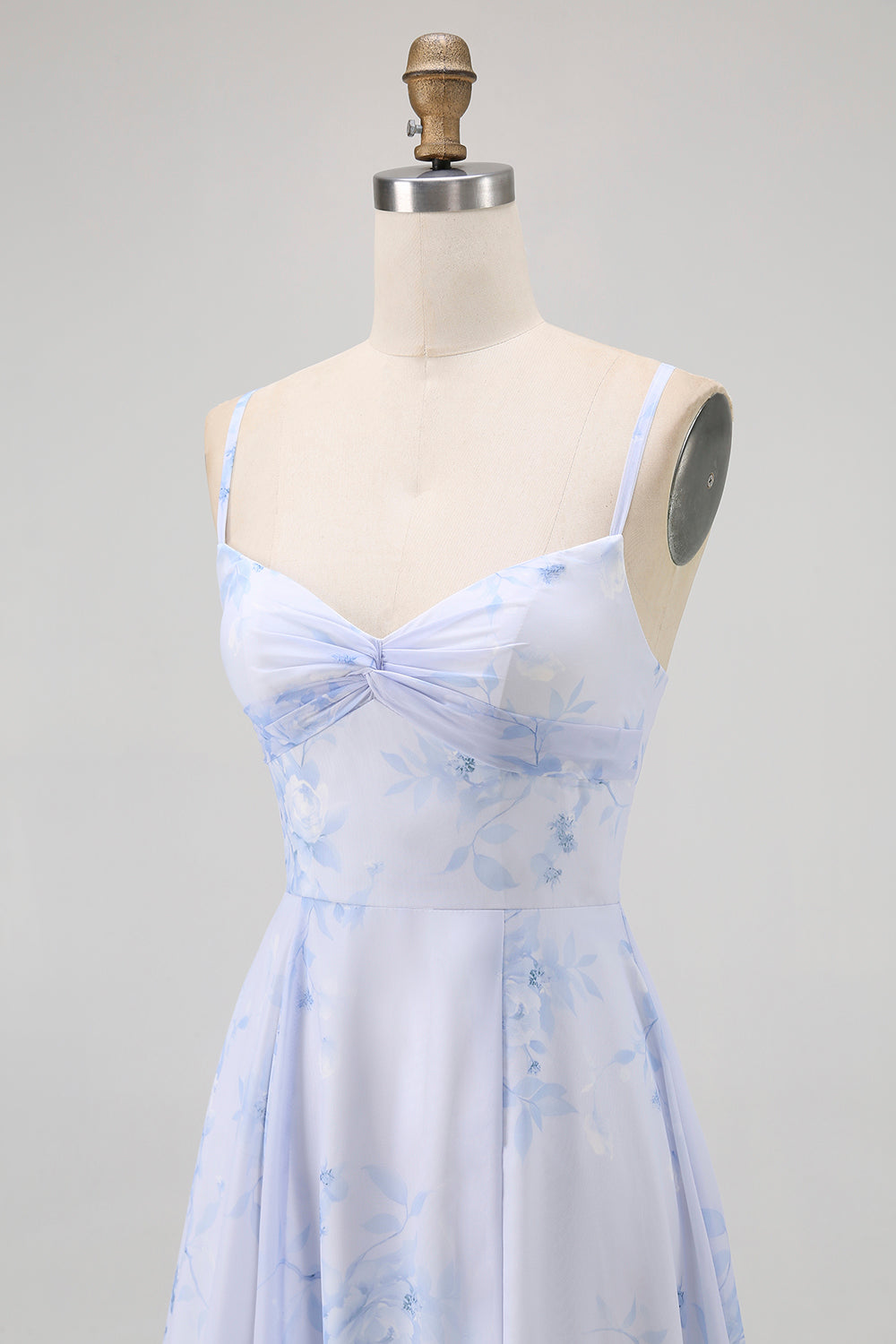Blaues Geblümtes Spaghettiträger Chiffon A-Linie Brautjungfernkleid