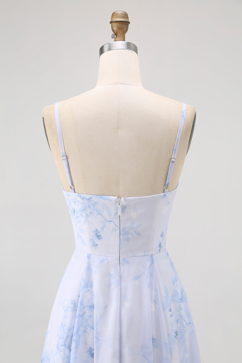 Blaues Geblümtes Spaghettiträger Chiffon A-Linie Brautjungfernkleid