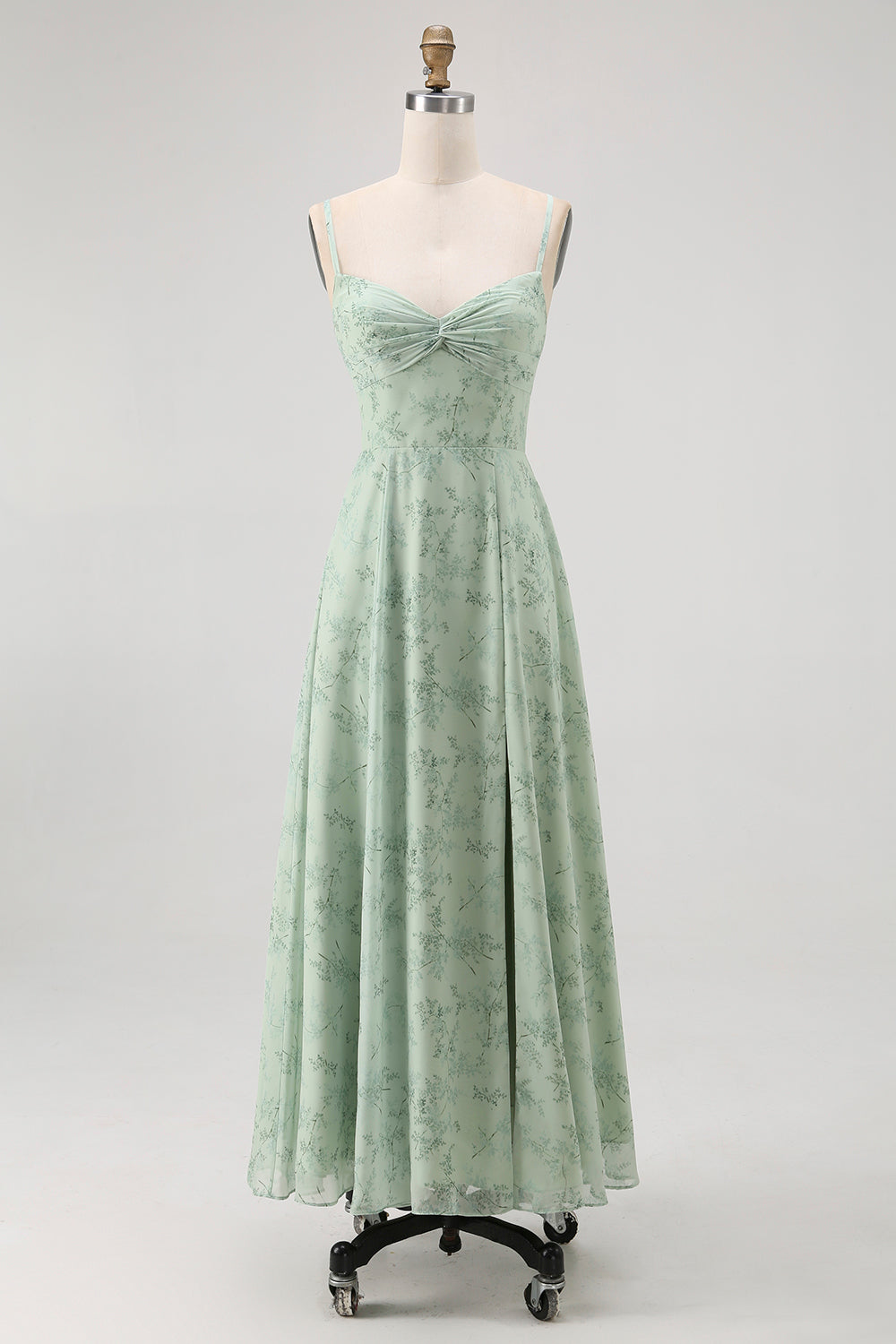 Blaues Geblümtes Spaghettiträger Chiffon A-Linie Brautjungfernkleid