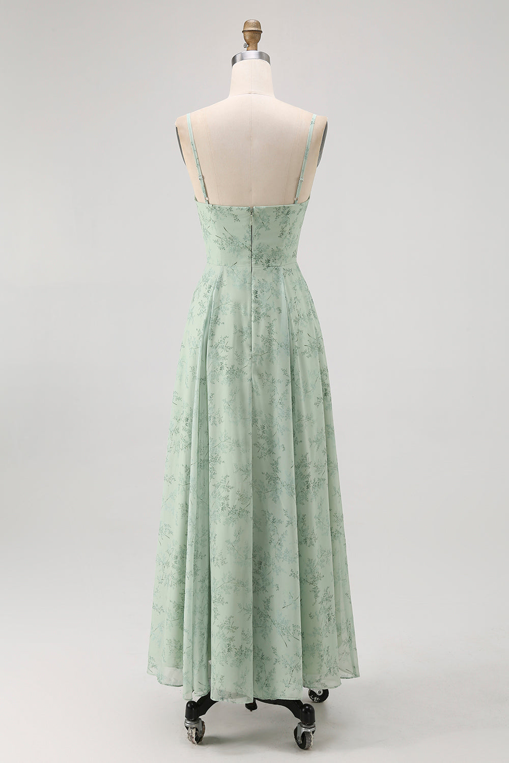 Blaues Geblümtes Spaghettiträger Chiffon A-Linie Brautjungfernkleid
