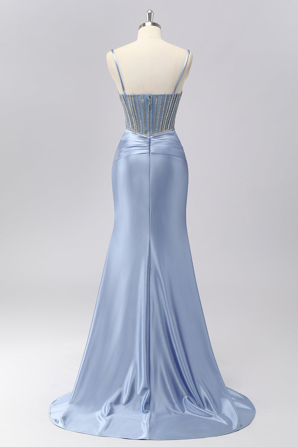 Glitzerndes Grau-blaues Spaghettiträger Meerjungfrauen Satin Ballkleid mit Strasssteinen
