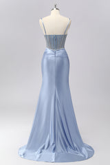 Glitzerndes Grau-blaues Spaghettiträger Meerjungfrauen Satin Ballkleid mit Strasssteinen