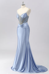 Glitzerndes Grau-blaues Spaghettiträger Meerjungfrauen Satin Ballkleid mit Strasssteinen