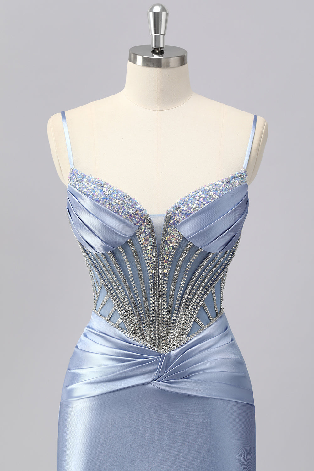 Glitzerndes Grau-blaues Spaghettiträger Meerjungfrauen Satin Ballkleid mit Strasssteinen