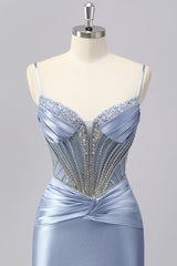 Glitzerndes Grau-blaues Spaghettiträger Meerjungfrauen Satin Ballkleid mit Strasssteinen
