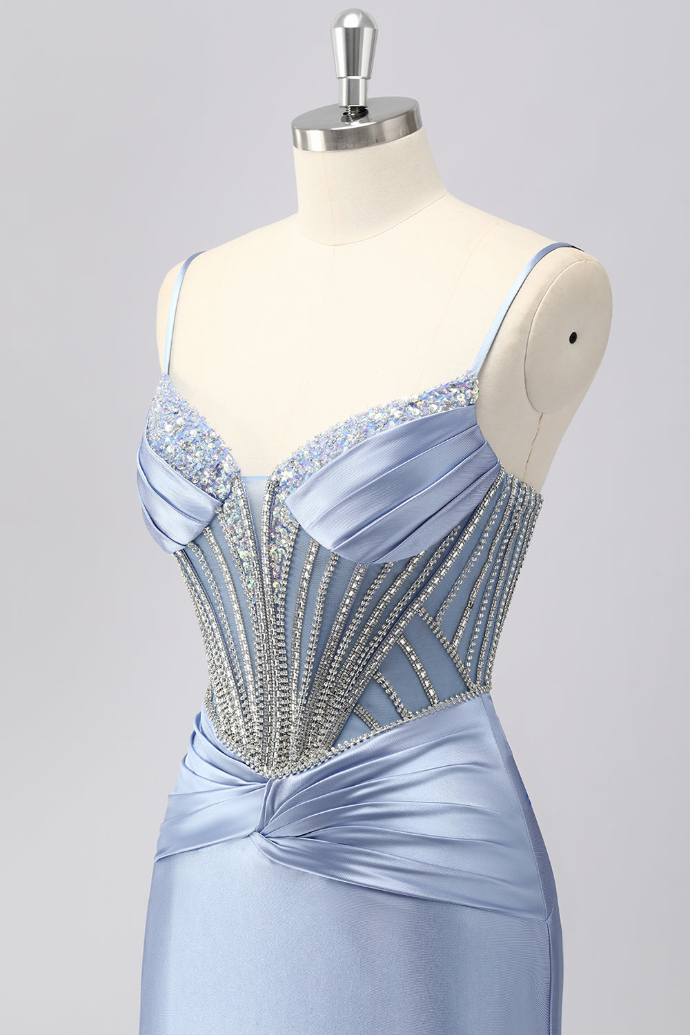 Glitzerndes Grau-blaues Spaghettiträger Meerjungfrauen Satin Ballkleid mit Strasssteinen