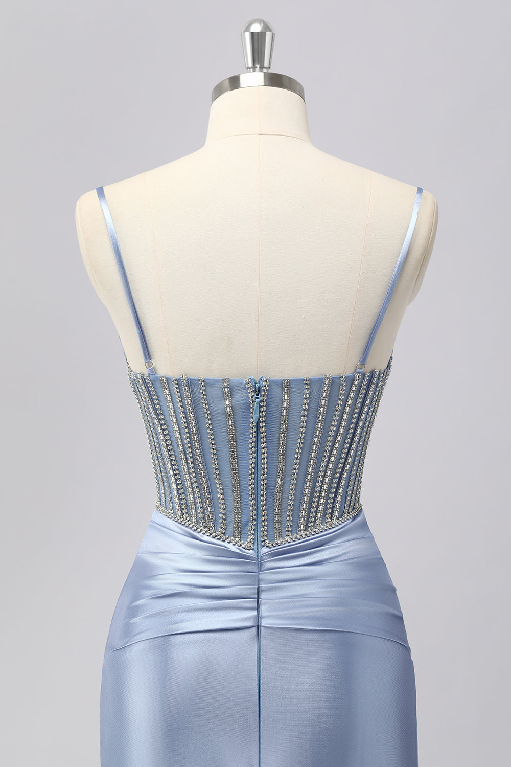 Glitzerndes Grau-blaues Spaghettiträger Meerjungfrauen Satin Ballkleid mit Strasssteinen