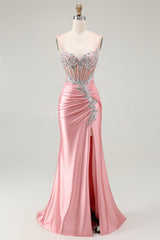 Blush Meerjungfrau Korsett Pailletten Langes Ballkleid mit Schlitz